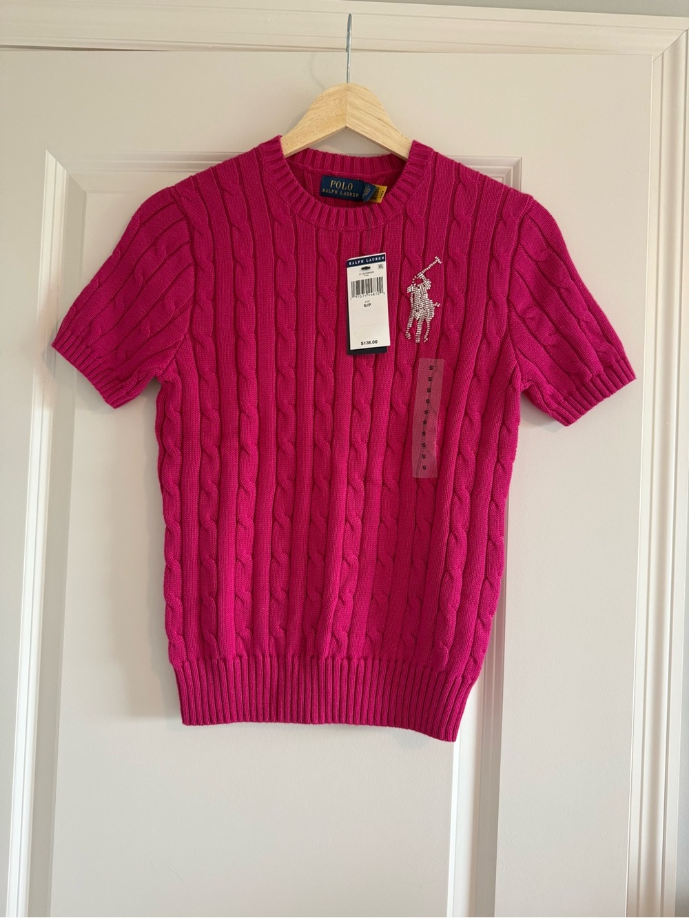 NWT Polo Ralph Lauren Sweater Pink Cable Knit Beaded Big Pony Logo S